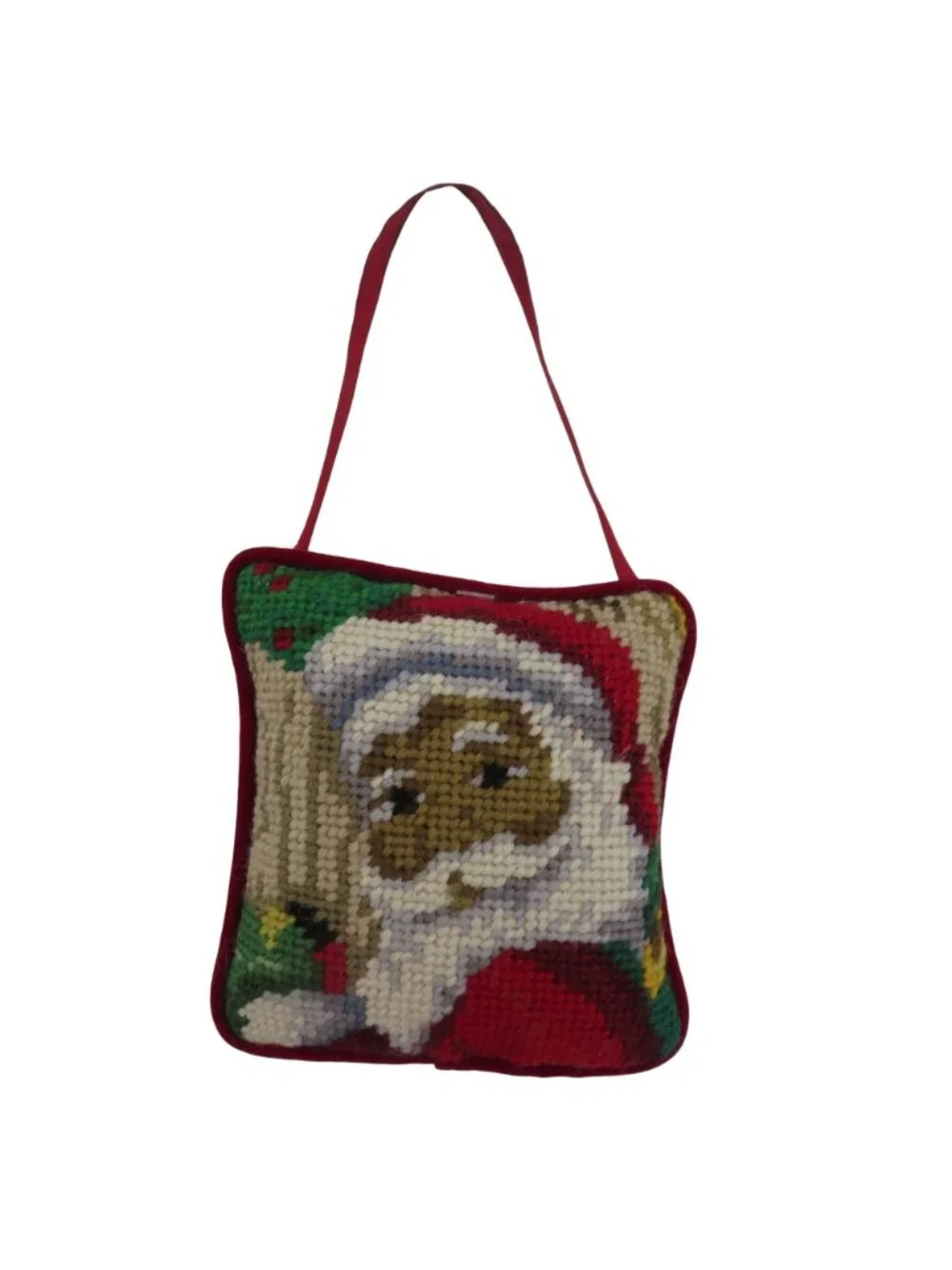 Santa Claus Papa Noel Wool Needlepoint Red Velvet Door Hanger Ornament Christmas